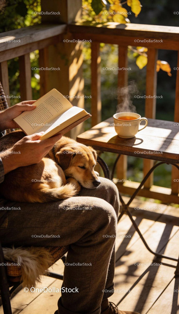 Man Reading Book with Dog on Lap on Sunny Porch