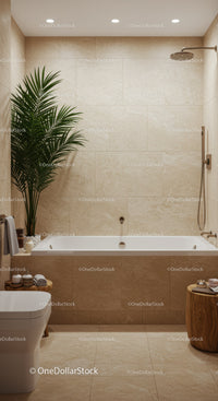 Modern Beige Tile Bathroom with Indoor Plant and Relaxing bathtub