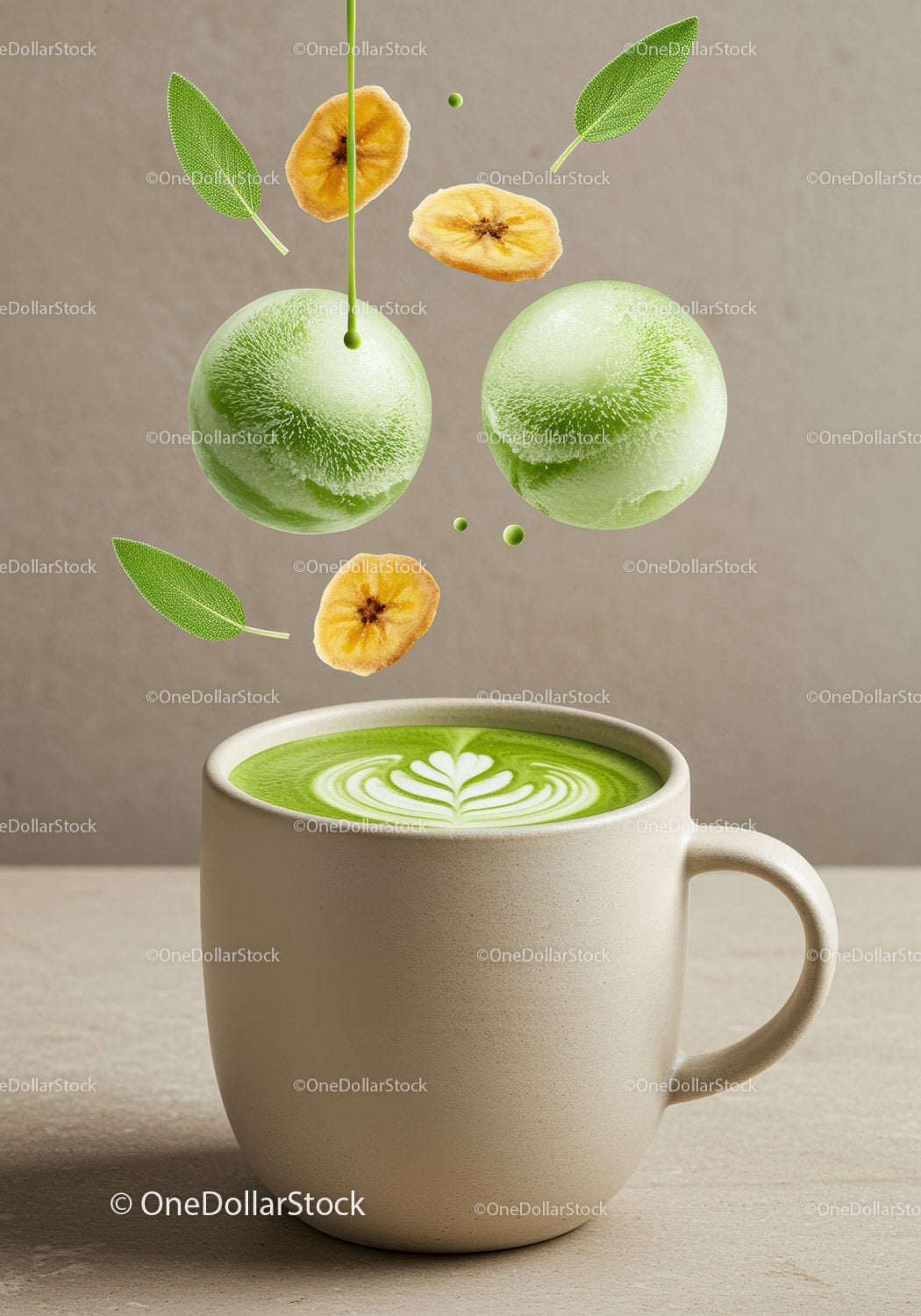 Green matcha latte with fresh kiwi and banana slices