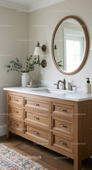Elegant Bathroom Vanity with Wooden Dresser and Oval Mirror