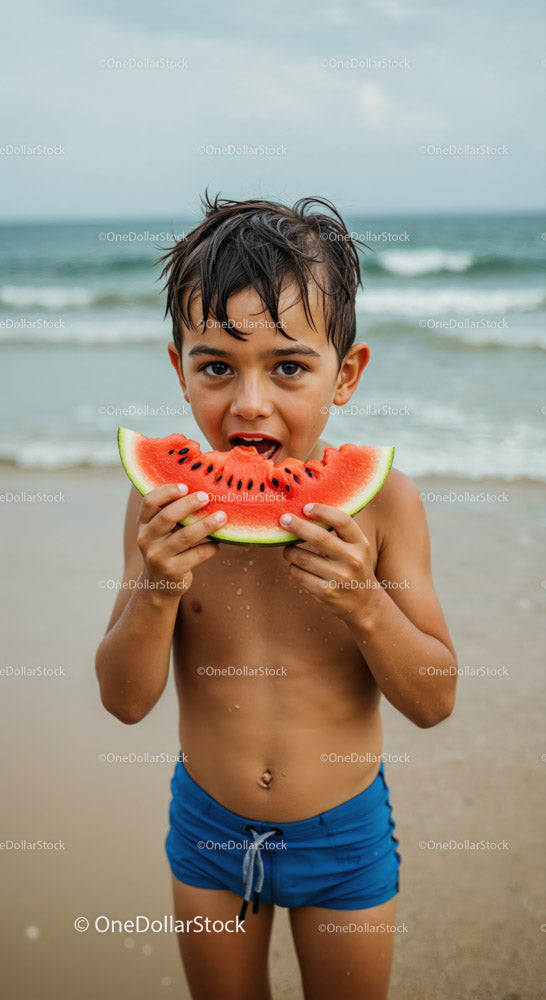 Boy Eating Watermelon on Beach During Summer Vacation