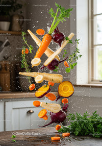 Fresh root vegetables splash in bright kitchen light