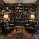 Cozy library corner with leather armchairs and bookshelves