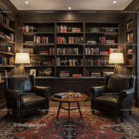 Cozy library corner with leather armchairs and bookshelves