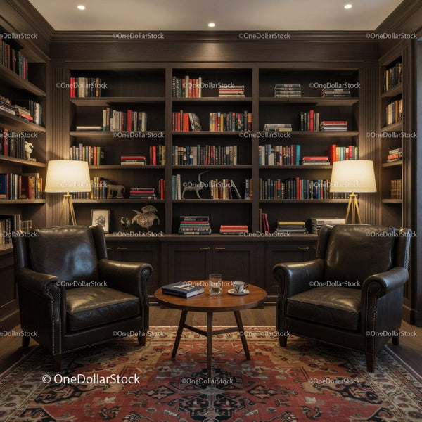 Cozy library corner with leather armchairs and bookshelves