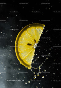 Fresh Lemon Slice Splashing in Water on Black
