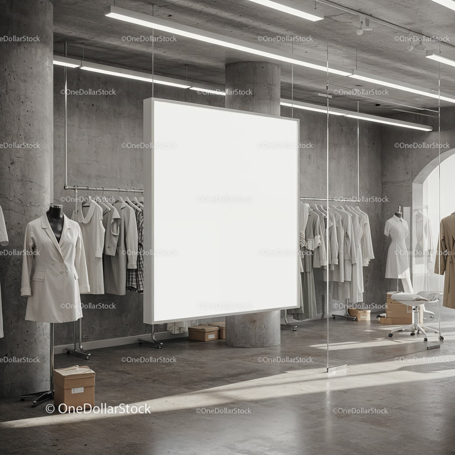 Minimalist fashion showroom with neutral clothing display