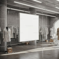 Minimalist fashion showroom with neutral clothing display