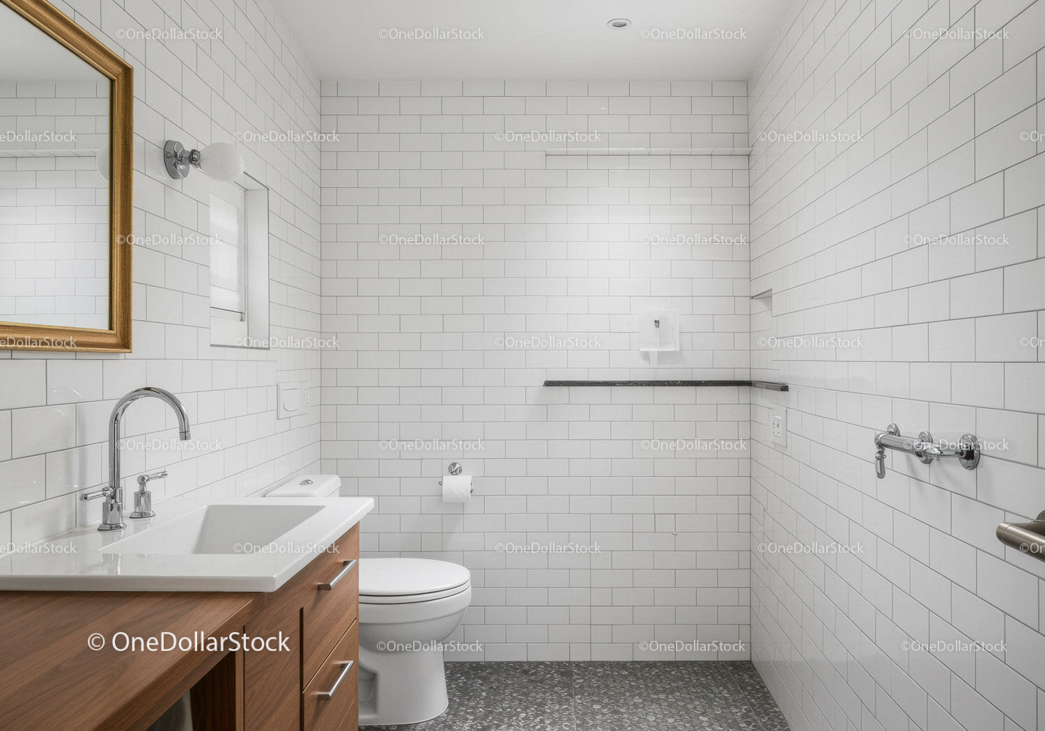 Modern White Subway Tile Bathroom with Wooden Vanity and Minimalist Decor