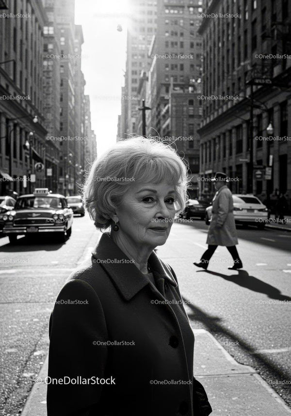 Senior Woman Standing on City Street in Black and White