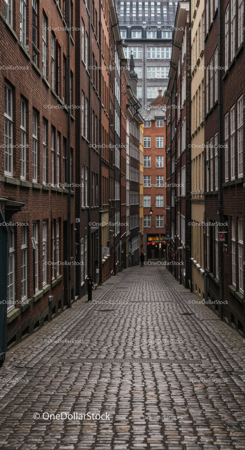Narrow Cobblestone Alley Between Historic Brick Buildings in City
