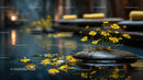 Yellow Flowers Blooming on a Rock in a Peaceful Pond Scene