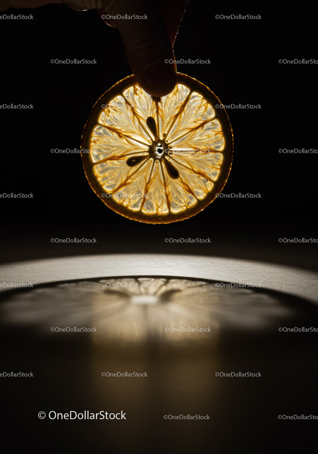 Backlit dried lemon slice casting soft shadow