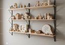 Cute Wooden Toys Display in Modern Nursery with Wooden Shelves