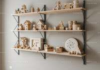 Cute Wooden Toys Display in Modern Nursery with Wooden Shelves
