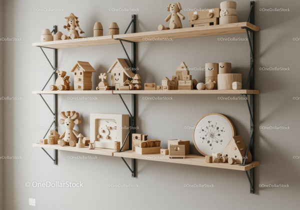 Cute Wooden Toys Display in Modern Nursery with Wooden Shelves