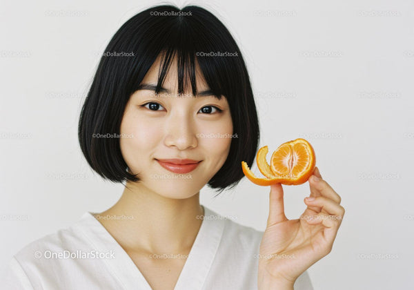 Young Woman Holding Fresh Orange Citrus Fruit in Bright Background