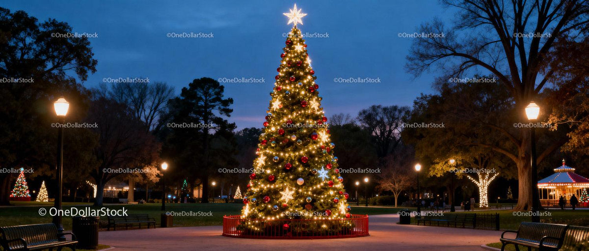 Festive Christmas Tree Illuminated in Evening Park