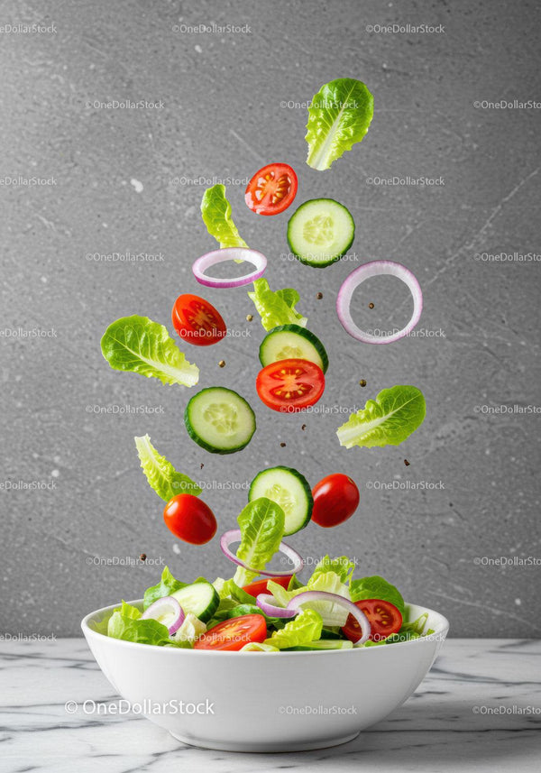 Fresh Vegetable Salad Ingredients Falling Into Bowl