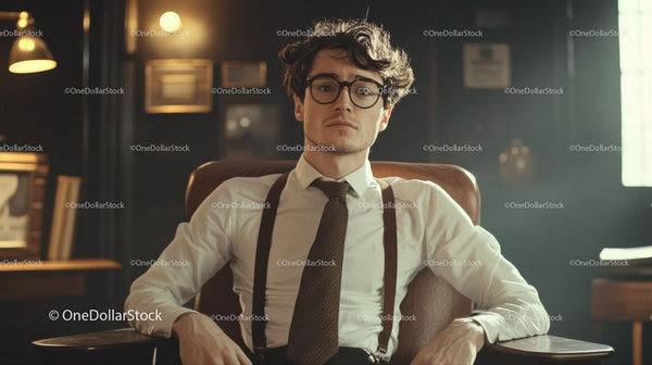 Pewny siebie młody biznesmen w skórzanym fotelu biurowym z vintage dekoracją