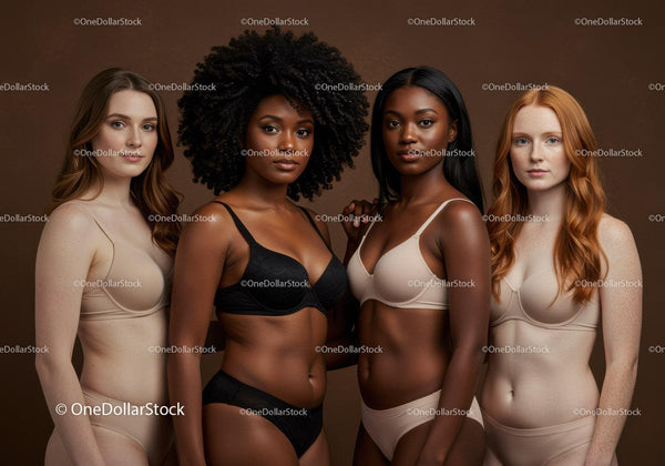 Diverse women modeling lingerie in neutral tones