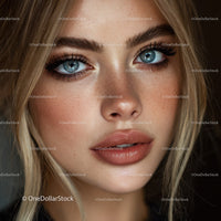 Close-Up Portrait of a Woman with Blue Eyes and Freckled Skin