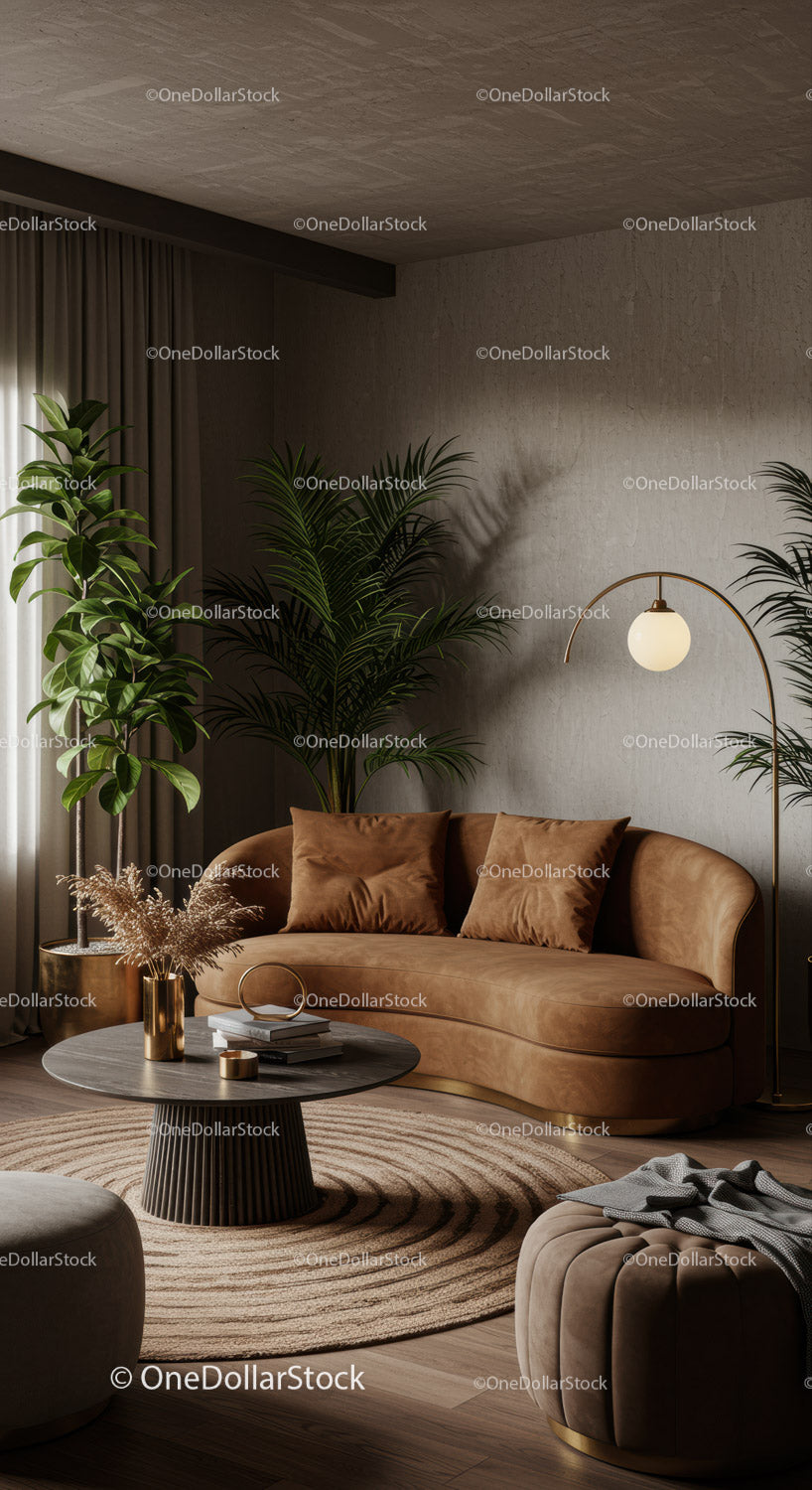 Przytulny, nowoczesny salon z brązową sofą i roślinami doniczkowymi