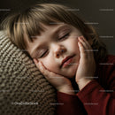 Peaceful child resting with eyes closed on knitted cushion