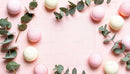 Delicate Pink and White Macarons with Eucalyptus Leaves