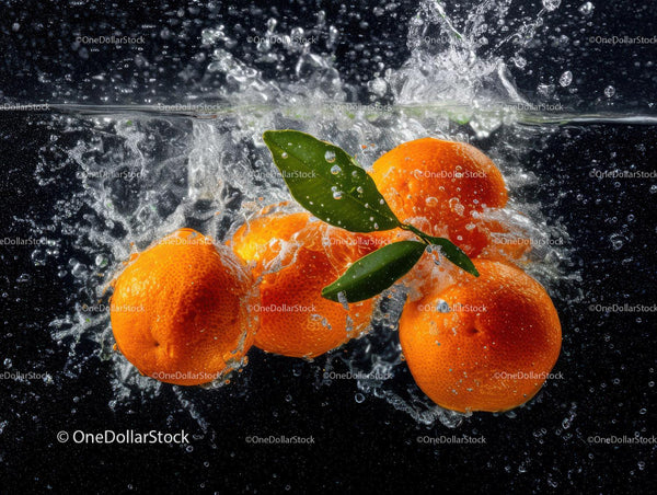 Bright oranges with fresh green leaves in water splash