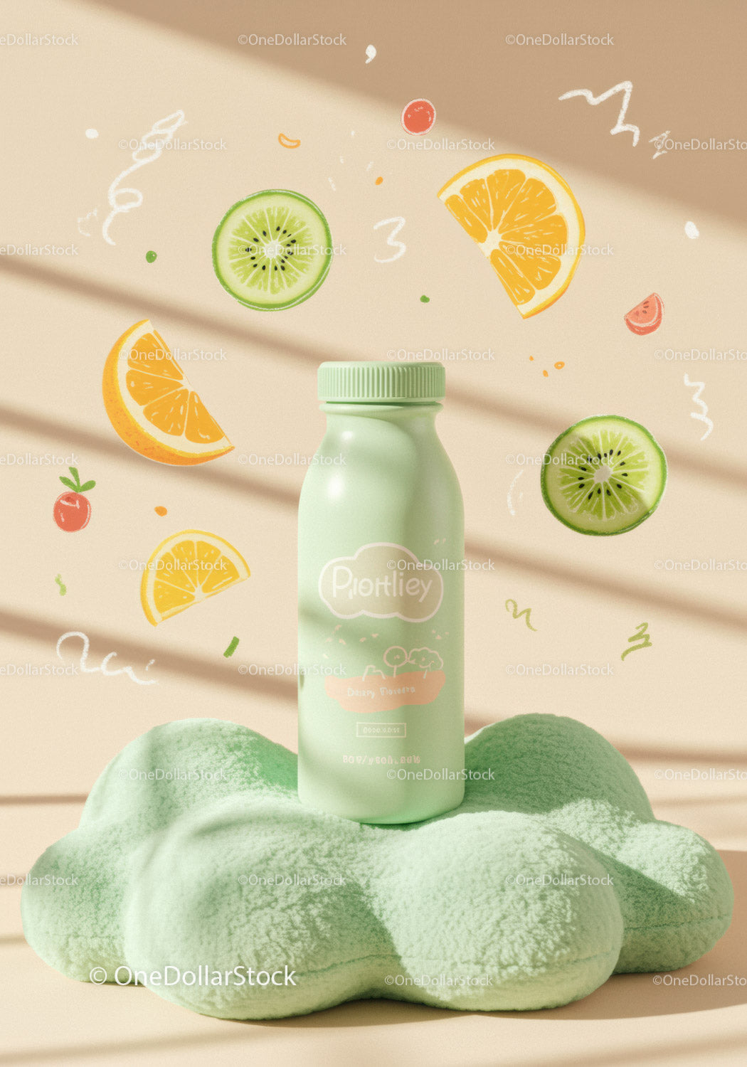 Świeża zielona butelka smoothie z ilustracjami owoców