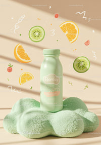 Fresh green smoothie bottle with fruit illustrations