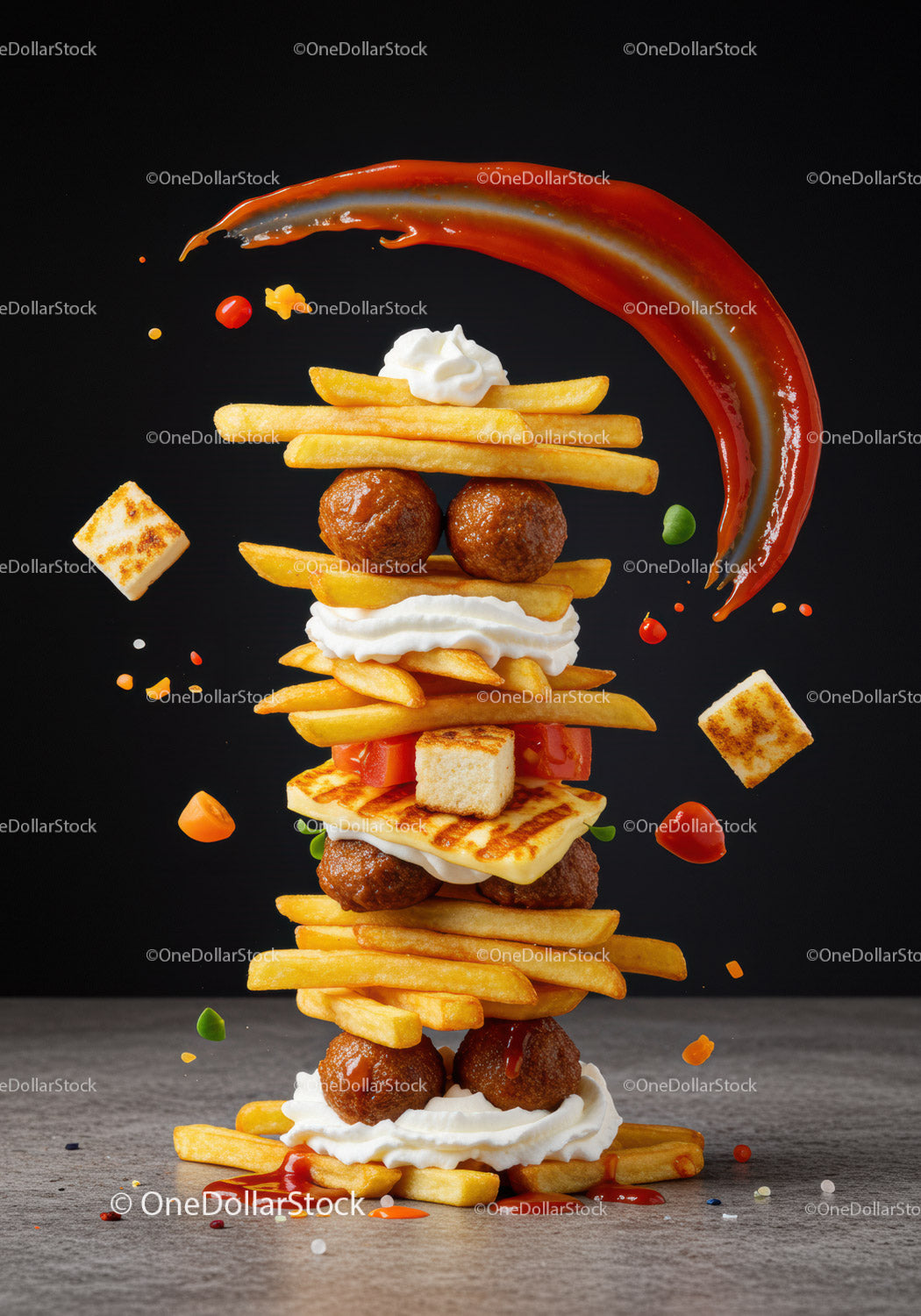 Creative Stack of French Fries with Meatballs and Sauce