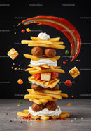 Creative Stack of French Fries with Meatballs and Sauce