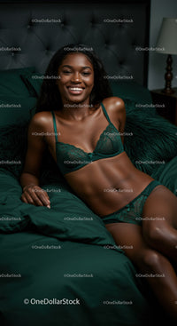 Smiling woman relaxing in green lingerie on bed