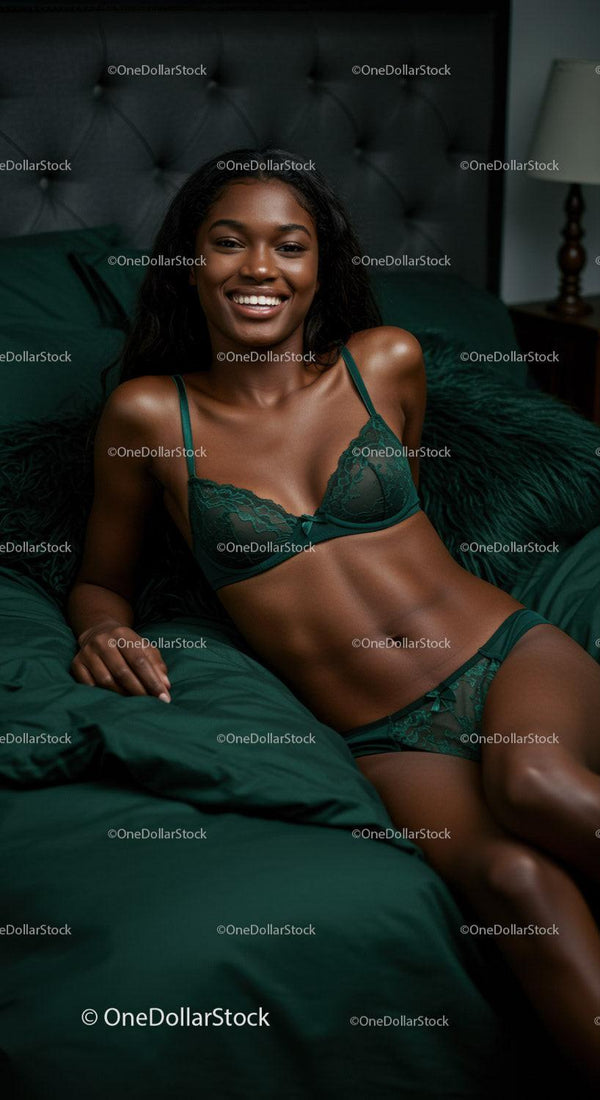 Smiling woman relaxing in green lingerie on bed