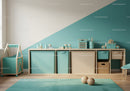 Stylish Kids Room with Turquoise and Beige Storage Cabinets and Toys
