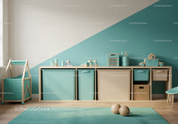 Stylish Kids Room with Turquoise and Beige Storage Cabinets and Toys
