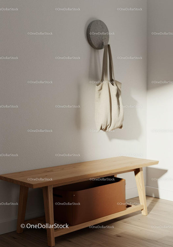 Wooden Bench with Tote Bag on Round Wall Hook in Minimalist Entryway