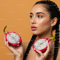Beautiful woman with long braids holding vibrant dragon fruits