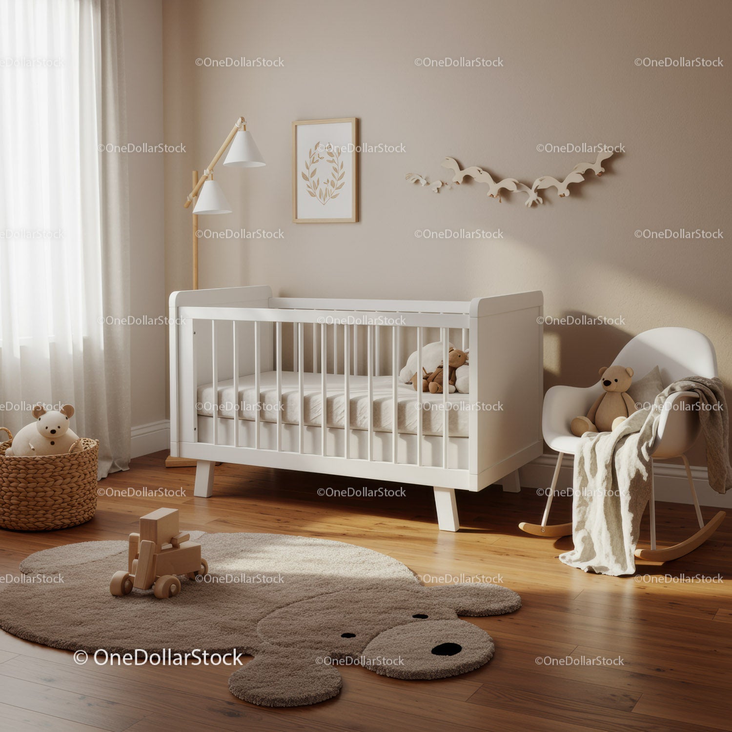 Cozy neutral nursery with modern white crib and rocking chair