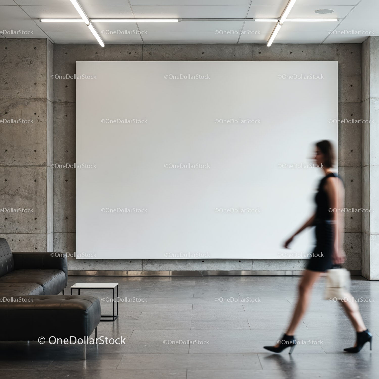 Blurred woman walking in modern minimalist lobby space