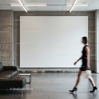 Blurred woman walking in modern minimalist lobby space