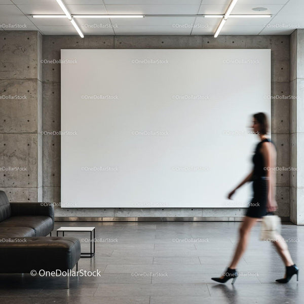 Blurred woman walking in modern minimalist lobby space JPG Mockup Image