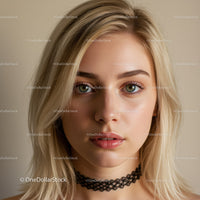 Young Blonde Woman with Green Eyes and Black Lace Choker Portrait