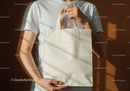Person holding blank beige reusable tote bag