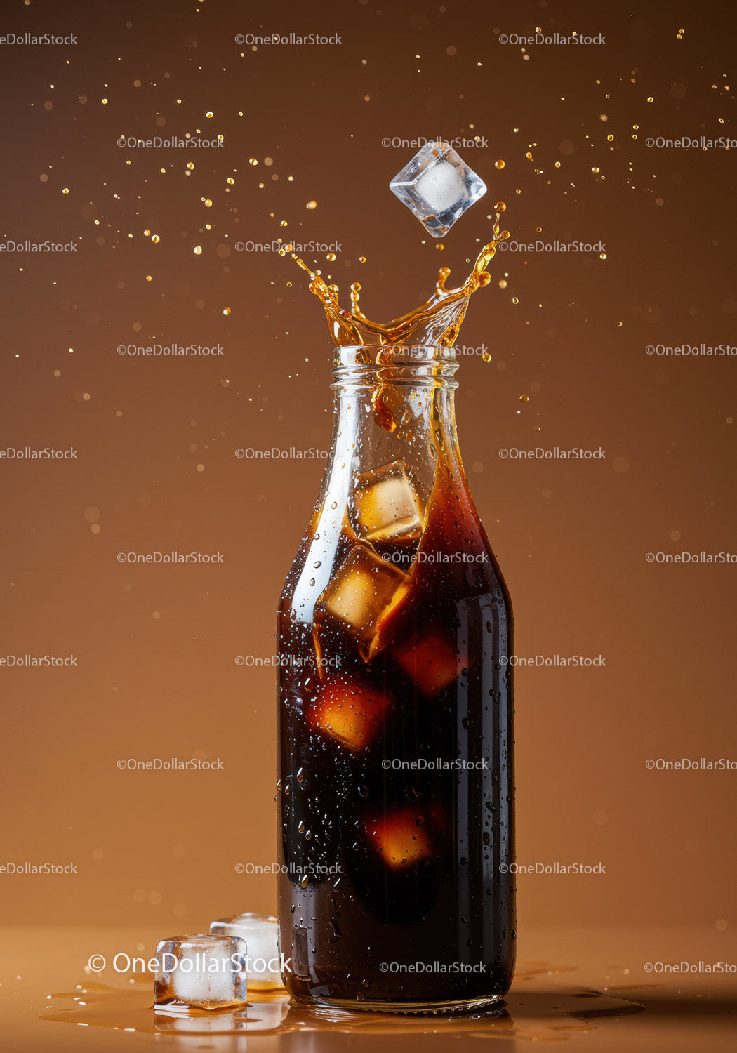 Glass Bottle with Splashing Cola and Ice Cubes