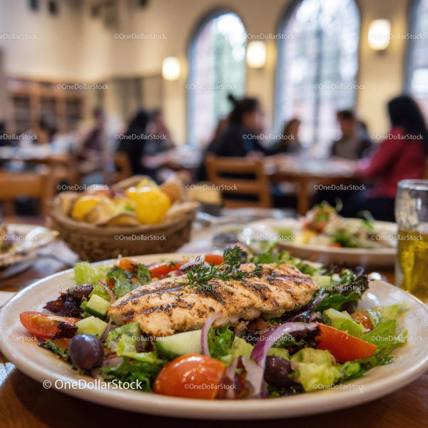 Fresh Grilled Chicken Salad with Colorful Vegetables in Restaurant Setting