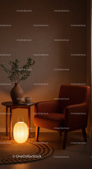 Cozy corner with armchair and warm lantern light