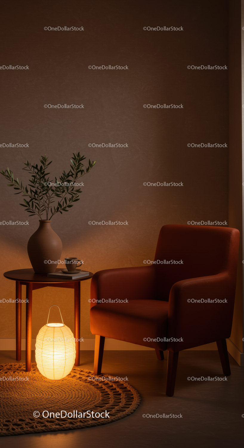Cozy corner with armchair and warm lantern light